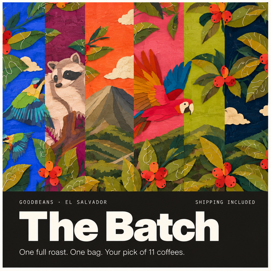 A colorful coffee label or package design with vertical illustrated panels showing birds, a raccoon, mountains, leaves, and red berries, plus large text reading 'The Batch' and smaller text 'GOODBEANS • EL SALVADOR' and 'SHIPPING INCLUDED'.